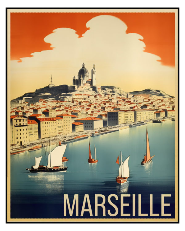 Affiche Poster Vintage de Marseille Vieux-Port Bonne-Mère Basilique